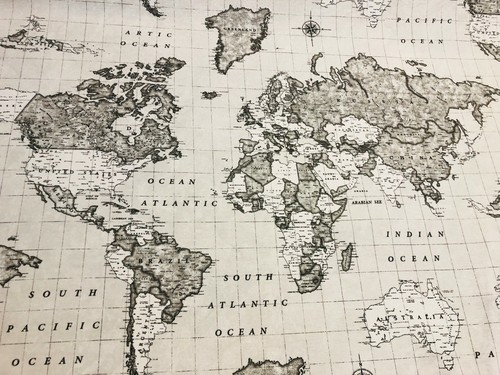 Grey world map fabric vintage - grey,